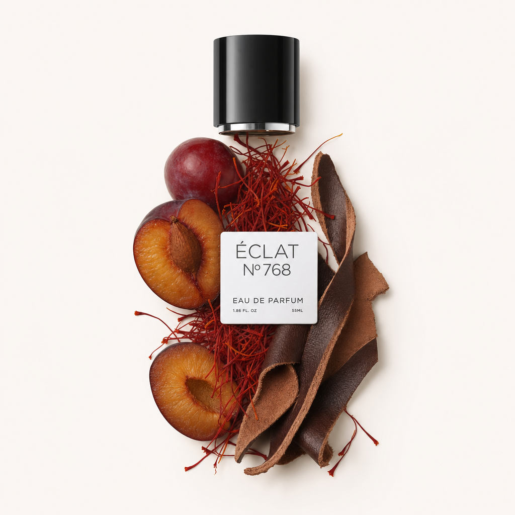 Una disposición de ciruelas maduras, hebras de azafrán y tiras de cuero rodea la tapa negra con la etiqueta ÉCLAT Leathery Saffron.