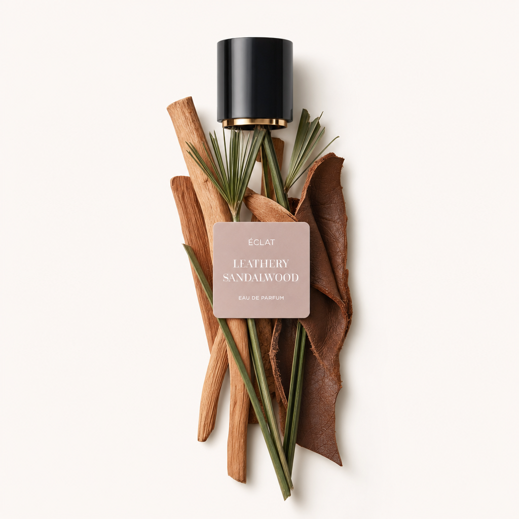 Un arrangement de bâtons de bois de santal, de feuilles de cuir et d'herbe verte entoure un capuchon noir étiqueté ÉCLAT Leathery Sandalwood.