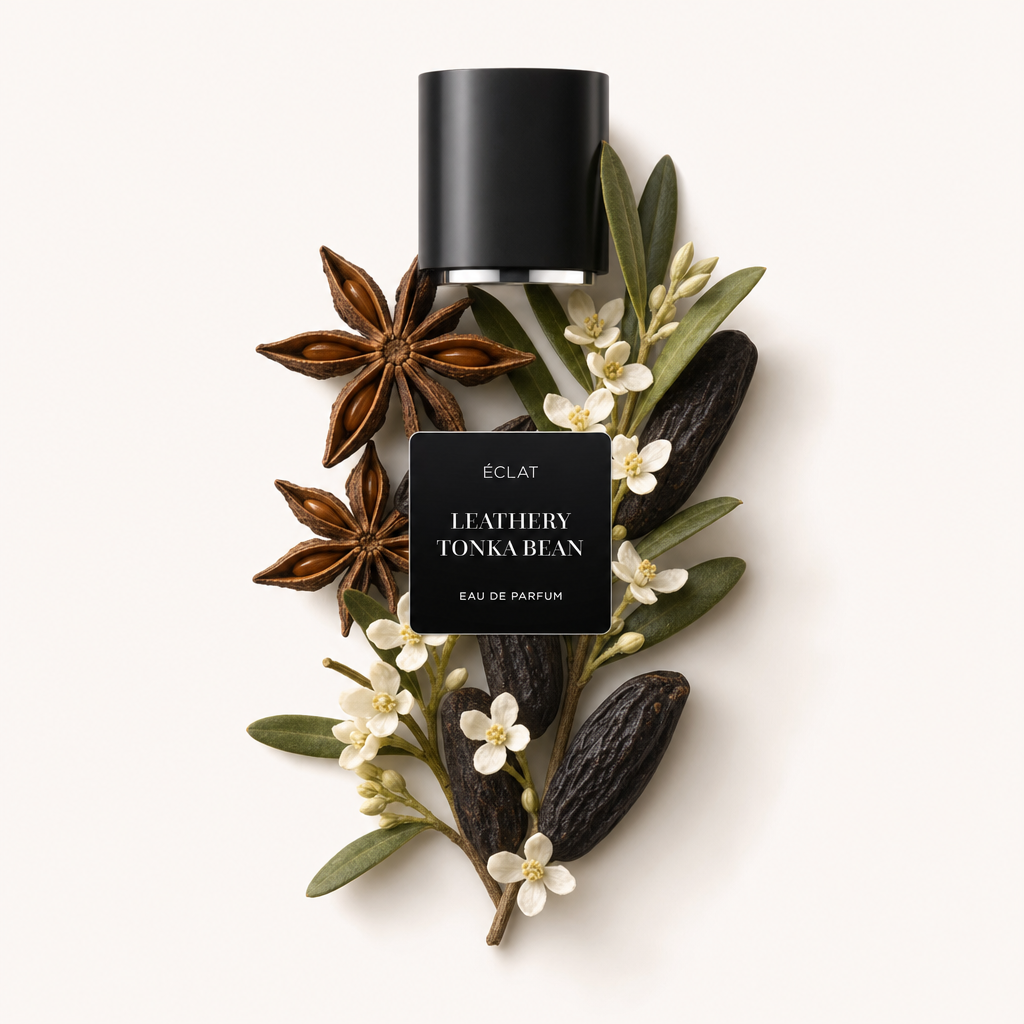 Un arrangement d'anis étoilé, de fèves tonka et de délicates fleurs blanches entoure le capuchon noir d'origine avec étiquette de l'ÉCLAT Leathery Tonka Bean.