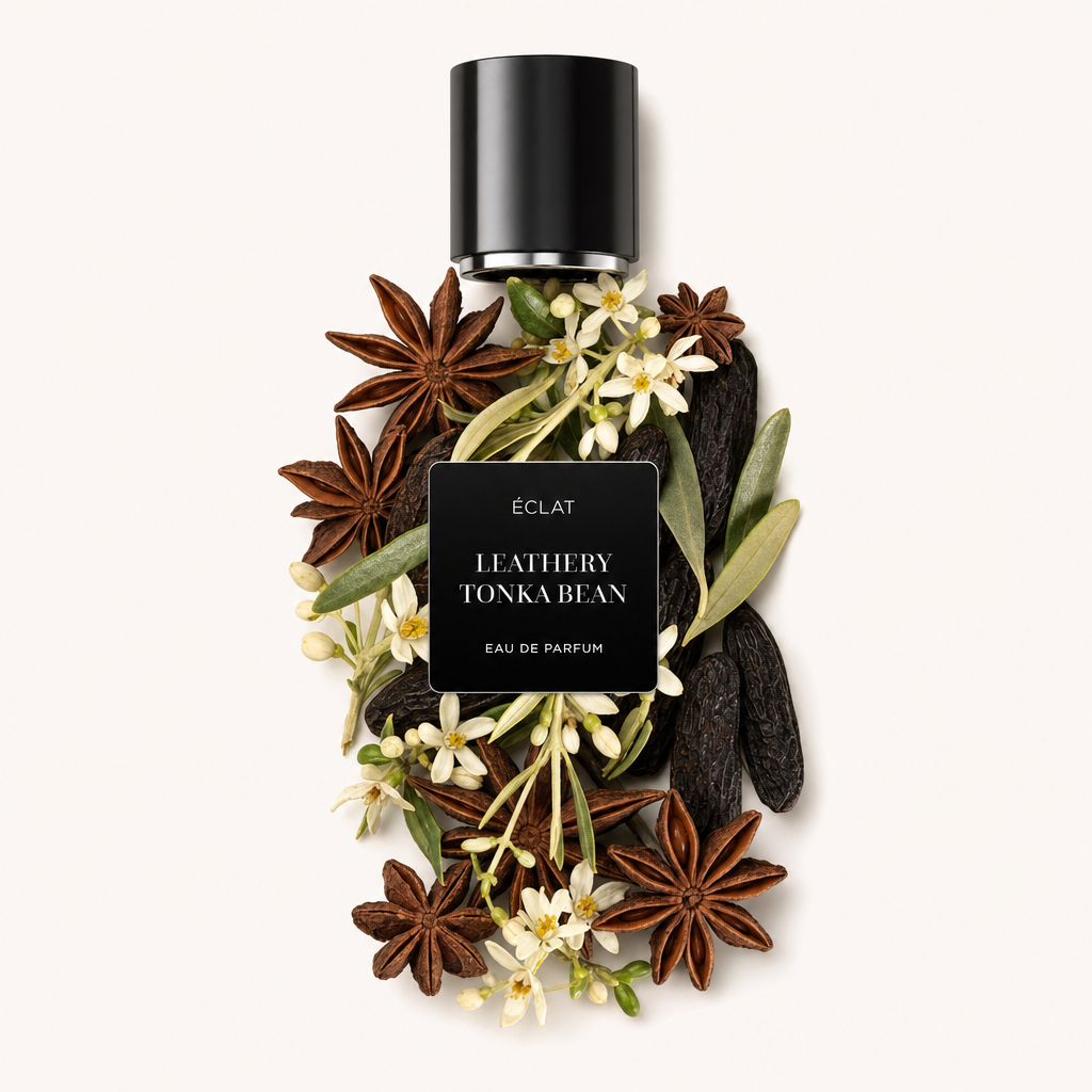 Un arrangement d'anis étoilé, de fleurs blanches écloses et de fèves tonka entoure le capuchon noir original avec une étiquette pour ÉCLAT Leathery Tonka Bean.