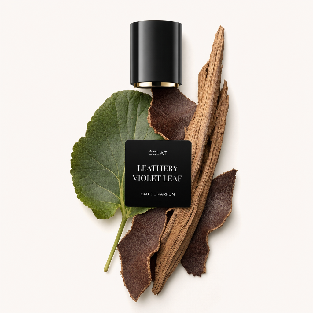 Une composition de feuille de violette verte, de cuir sombre et de bois brun avec un bouchon noir étiqueté ÉCLAT Leathery Violet Leaf.