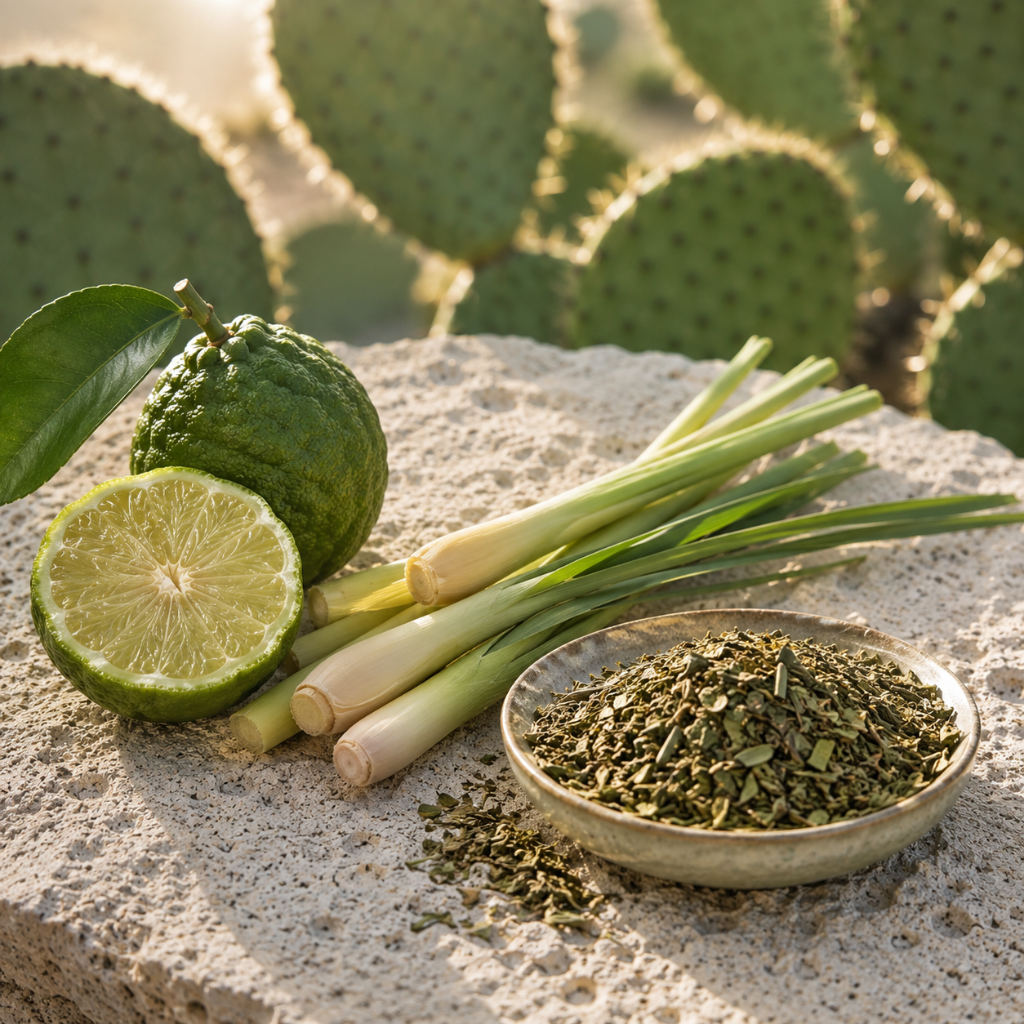 Fresh lemongrass stalks, a bergamot, and sliced bergamot rest on a textured stone surface with a bowl of dried green herbs.