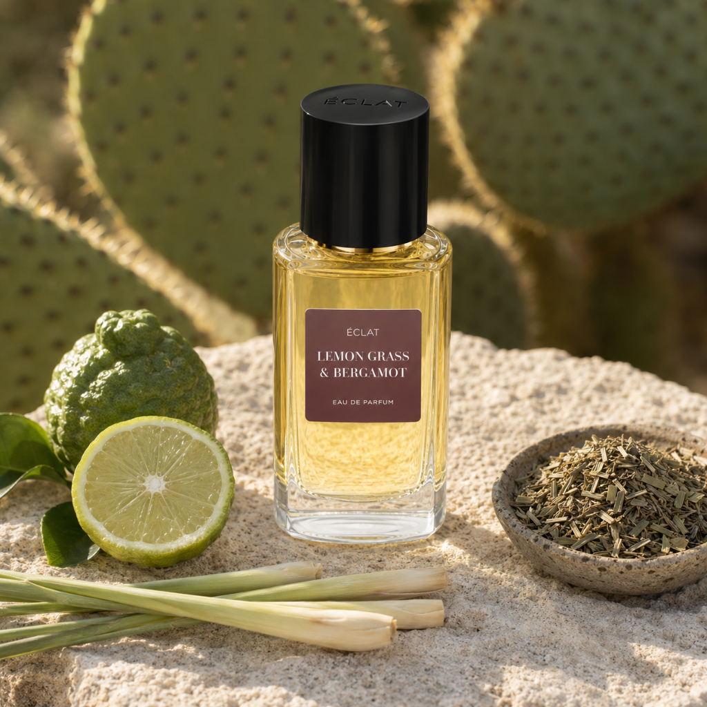 A faceted glass bottle of ÉCLAT Lemon Grass & Bergamot RAR perfume with a black cap, surrounded by fresh lemon grass and bergamot, set on stone.