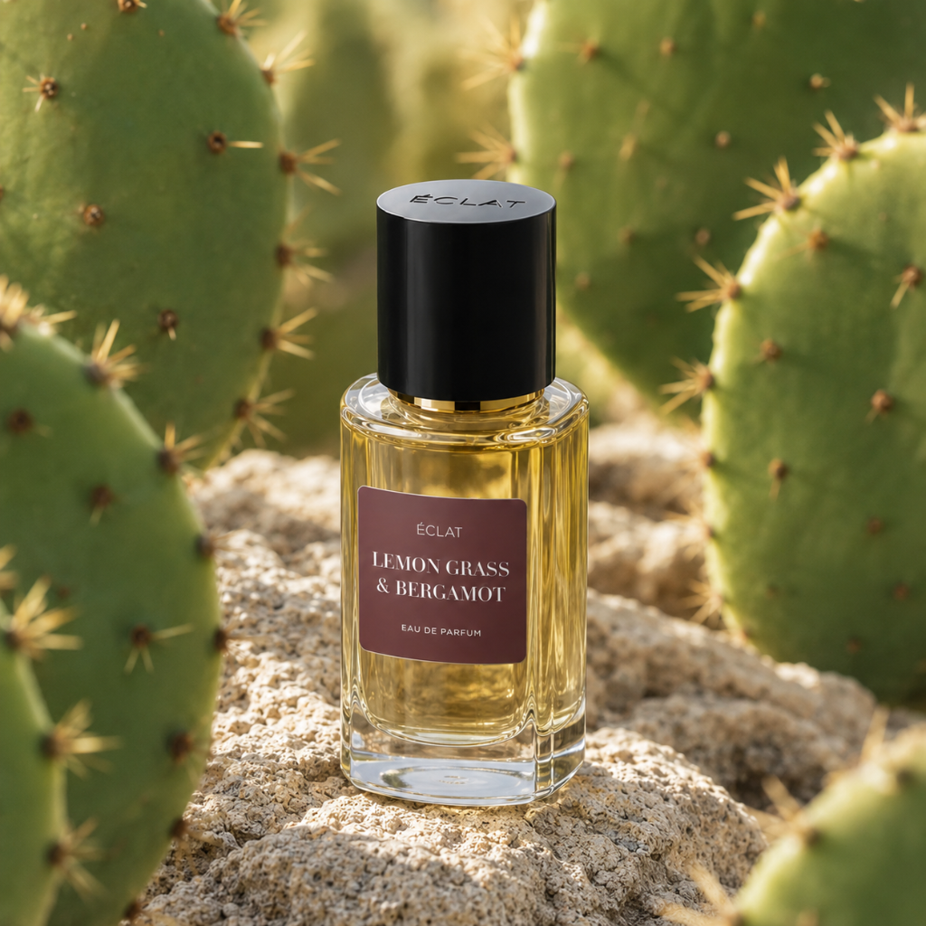 ÉCLAT Lemon Grass & Bergamot RAR fragrance in a faceted glass bottle with a black cap, set against a backdrop of cacti.