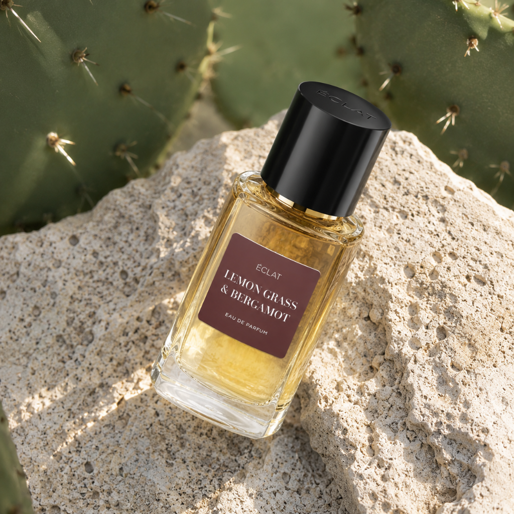 ÉCLAT Lemon Grass & Bergamot RAR in a faceted glass bottle with a black cap, placed on textured stone with cactus in the background.