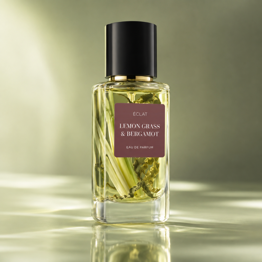 ÉCLAT Lemon Grass & Bergamot RAR in a clear faceted glass bottle with a matte black cap and amber liquid.