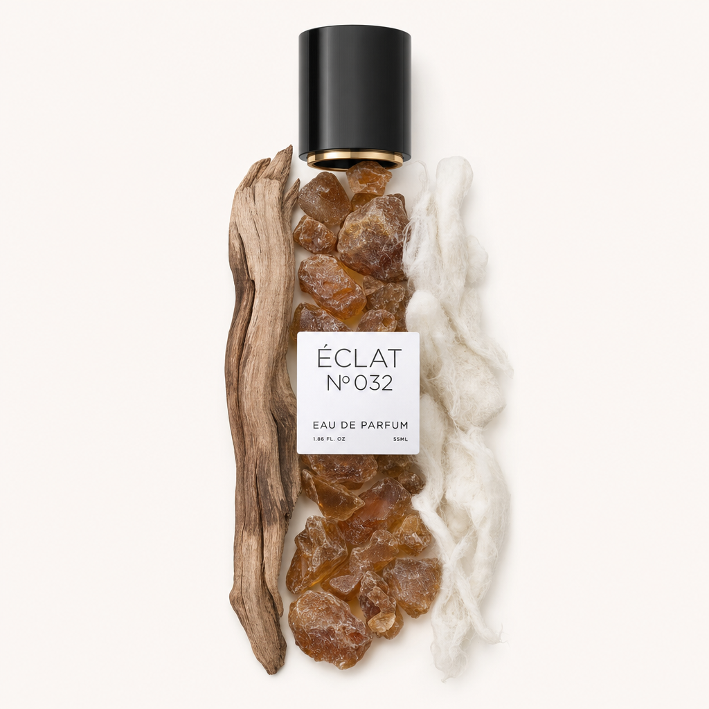 An arrangement of raw materials featuring a piece of driftwood, amber stones, and white cotton fibers, topped by a black cap with ÉCLAT label.