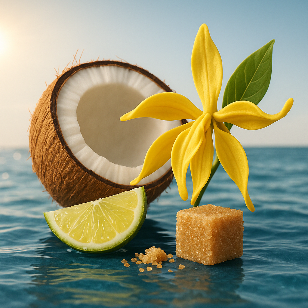 A halved coconut, a slice of lime, a yellow flower, and a cube of brown sugar on a reflective blue surface.