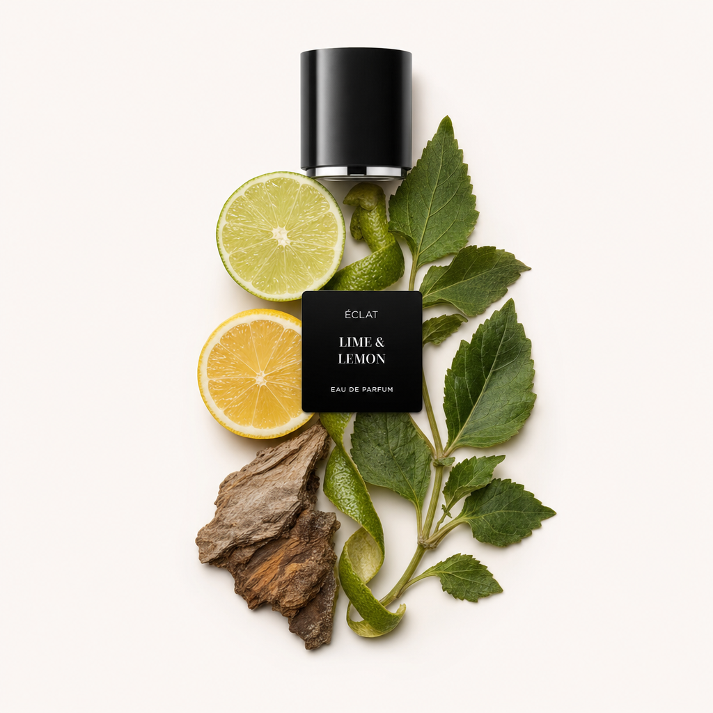 Un arrangement de lime et citron tranchés, écorce et feuilles vertes entourant un capuchon noir avec l'étiquette ÉCLAT Lime & Lemon.