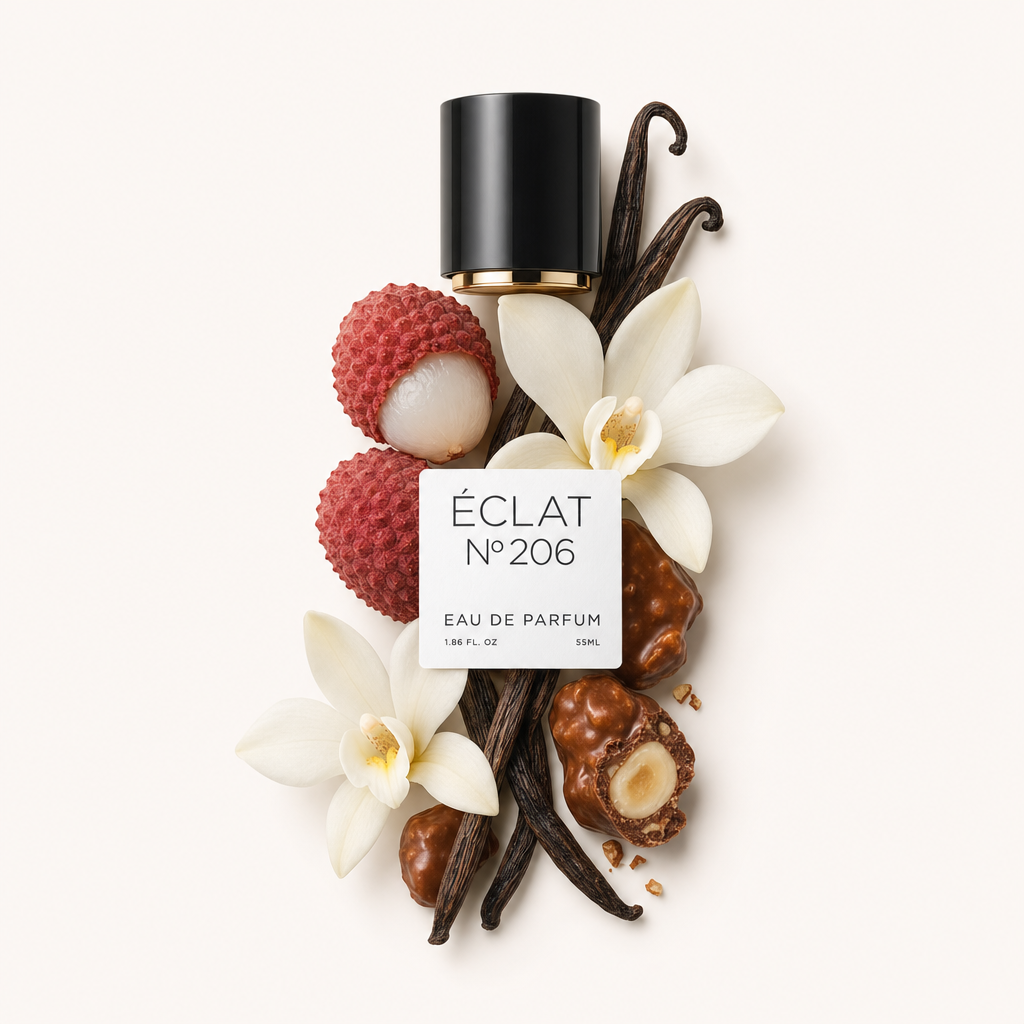 Un arrangement de litchi, fleurs de vanille et praliné entoure le capuchon noir d'ÉCLAT Lychee & Praline, avec une étiquette attachée.