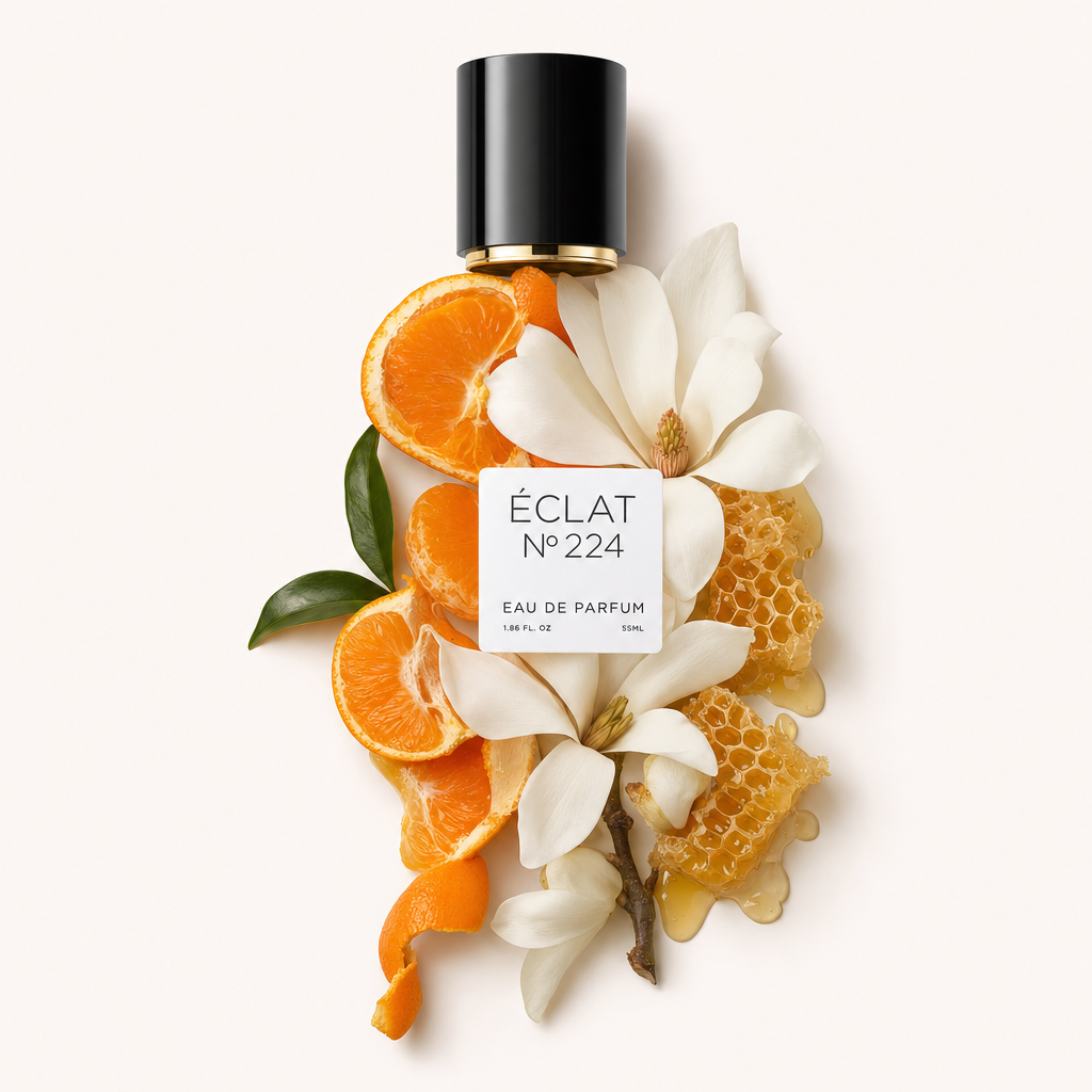 Un arrangement de fleurs de magnolia, de rayon de miel et de tranches d'orange entoure un bouchon noir avec une étiquette ÉCLAT Magnolia & Honey.