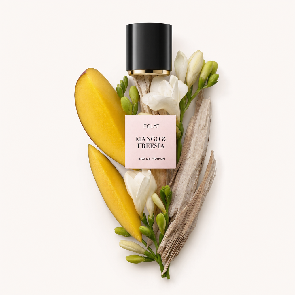 Un arrangement de tranches de mangue fraîche, de fleurs de freesia et de bois flotté entoure un bouchon noir avec un accent doré et une étiquette ÉCLAT Mango & Freesia.