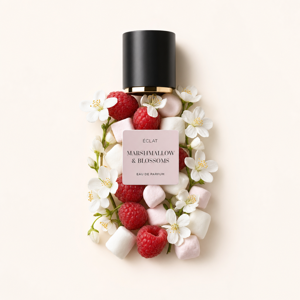 Un arrangement de fleurs blanches, framboises et guimauves entoure un capuchon noir avec étiquette pour ÉCLAT Marshmallow & Blossoms.