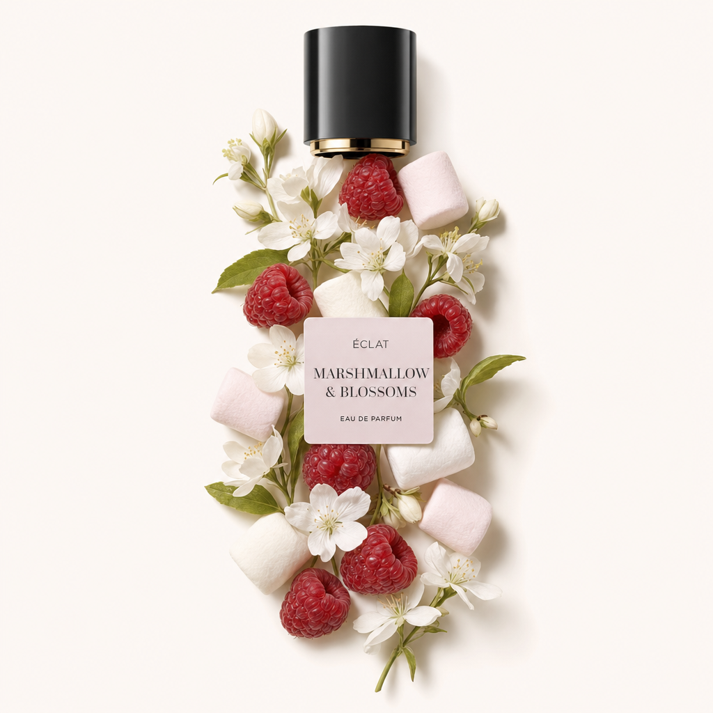 Un arrangement de guimauves, de framboises et de fleurs délicates entoure un bouchon noir avec une étiquette pour ÉCLAT Marshmallow & Blossoms.
