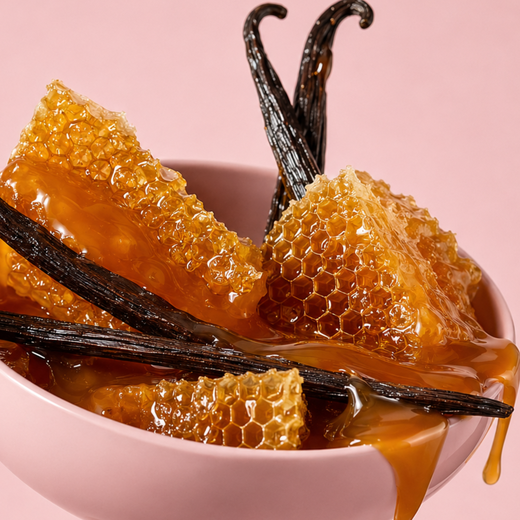 Honeycomb pieces drizzled with caramel and vanilla pods in a pink ceramic bowl on a muted pink background.