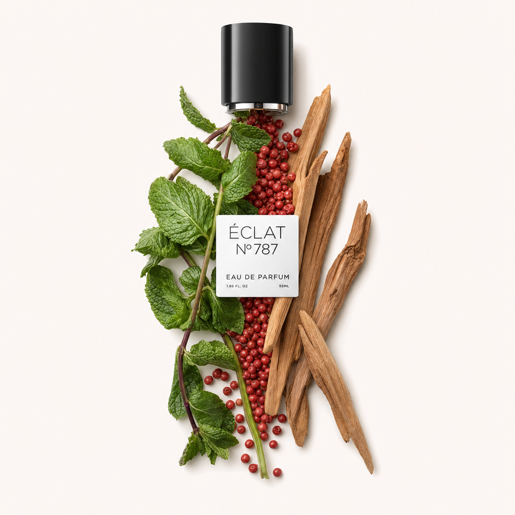 Une sélection de feuilles de menthe fraîche, de baies rouges et de bâtons de bois disposés à côté d'un capuchon noir avec étiquette ÉCLAT.