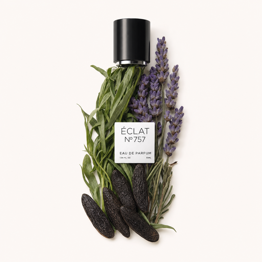 Um arranjo artístico de folhas de menta, favas tonka e flores de lavanda com a tampa e etiqueta preta da ÉCLAT.