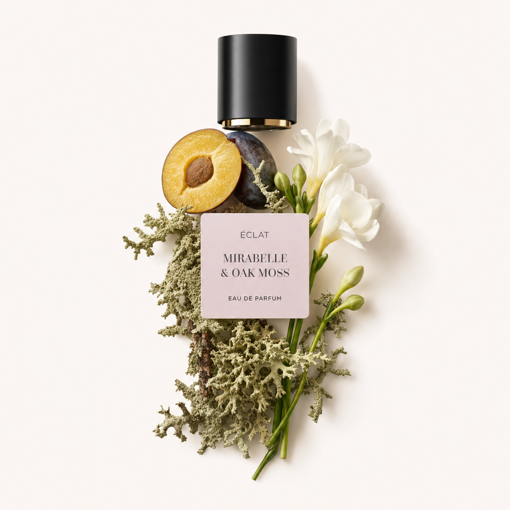 Un arrangement de prune fraîche, mousse de chêne et fleurs de freesia blanches autour d'un capuchon noir avec l'étiquette 'ÉCLAT Mirabelle & Oak Moss'.