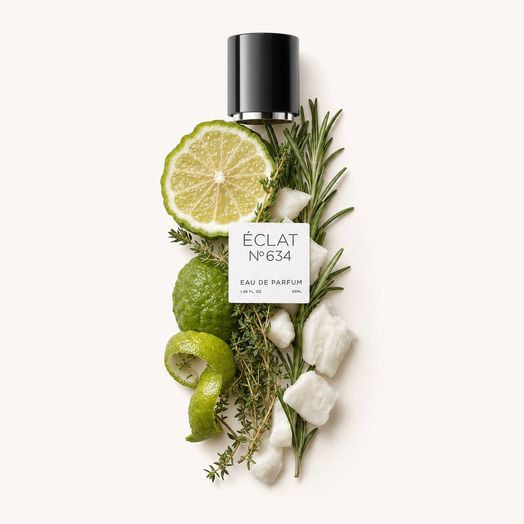 An arrangement of bergamot slices, rosemary sprigs, and cotton, with a black cap with a label for ÉCLAT Musky Bergamot.