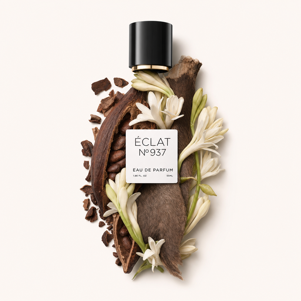 Una composición de vainas de cacao, flores blancas y un material marrón texturizado rodea la tapa negra con una etiqueta de ÉCLAT Musky Dark Chocolate.