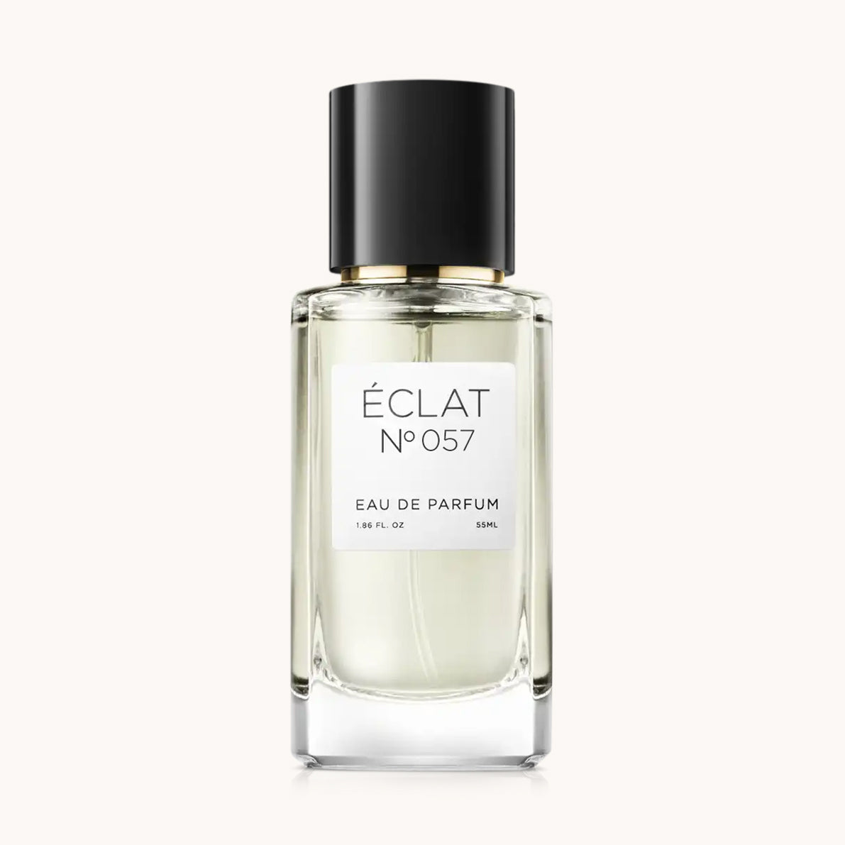 ÉCLAT Musky Gardenia egy csiszolt üvegpalackban, elegáns fekete kupakkal és minimalista fehér címkével.