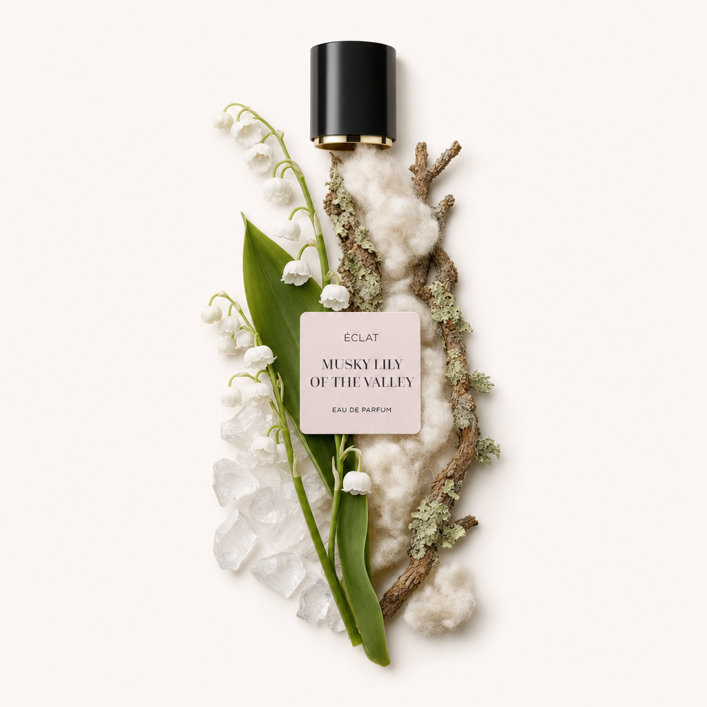 Un arrangement artistique de muguet, de feuilles vertes, de pierres cristallines et de branches texturées avec un bouchon noir portant une étiquette pour ÉCLAT Musky Lily of the Valley.