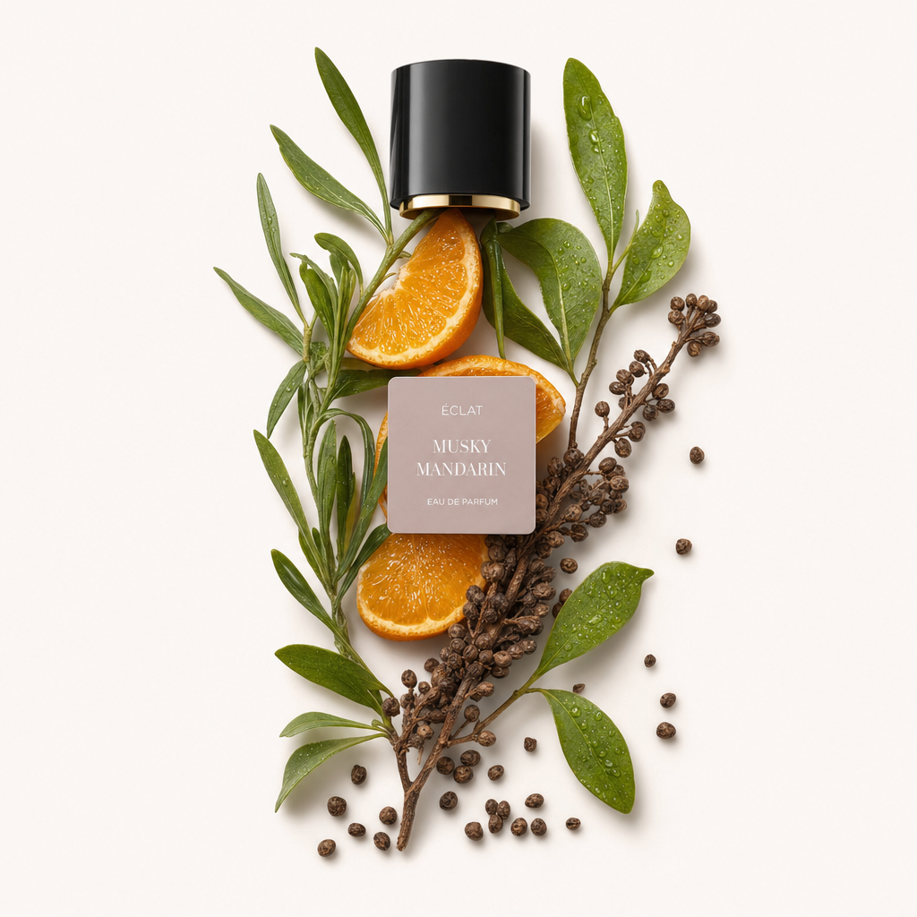 A composition of mandarin slices, green leaves, and dried spices arranged around the original ÉCLAT black cap with a label.