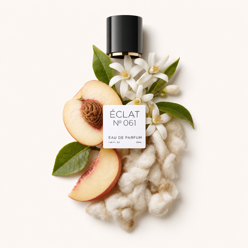 Una composición de rodajas de durazno, flores blancas y algodón con una tapa negra etiquetada ÉCLAT Musky Peach.