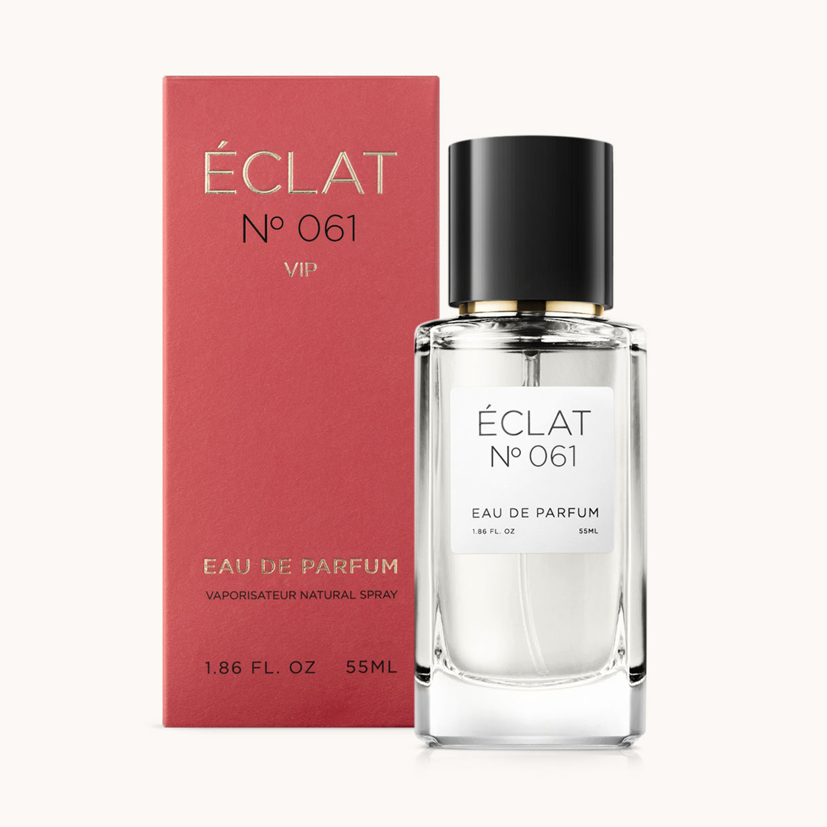 Perfume ÉCLAT VIP Musky Peach en frasco de vidrio facetado con tapa negra, junto a una caja de presentación roja.