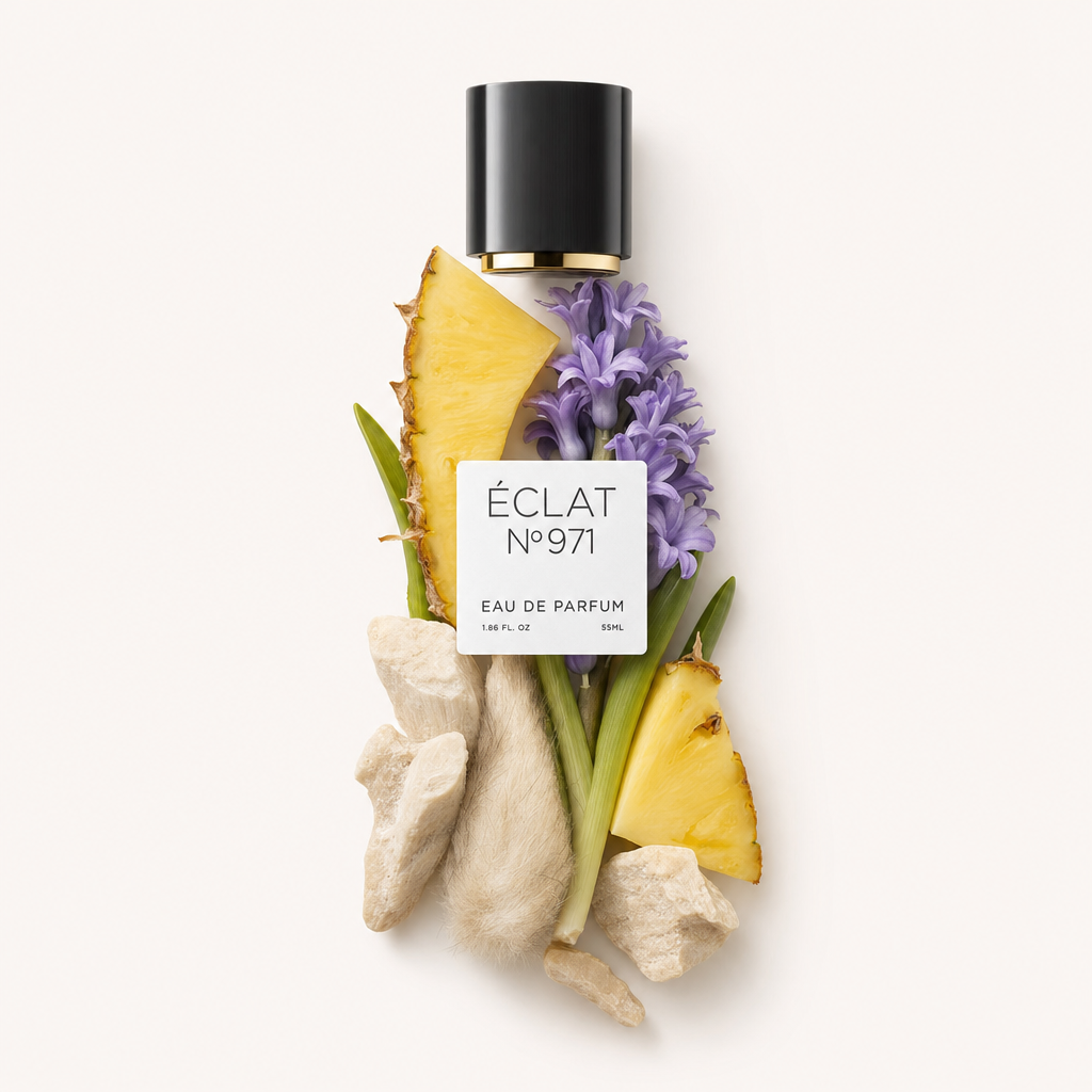 Un arrangement de tranches d'ananas, de jacinthe violette et de racines terreuses entoure un capuchon noir avec une étiquette ÉCLAT Musky Pineapple.