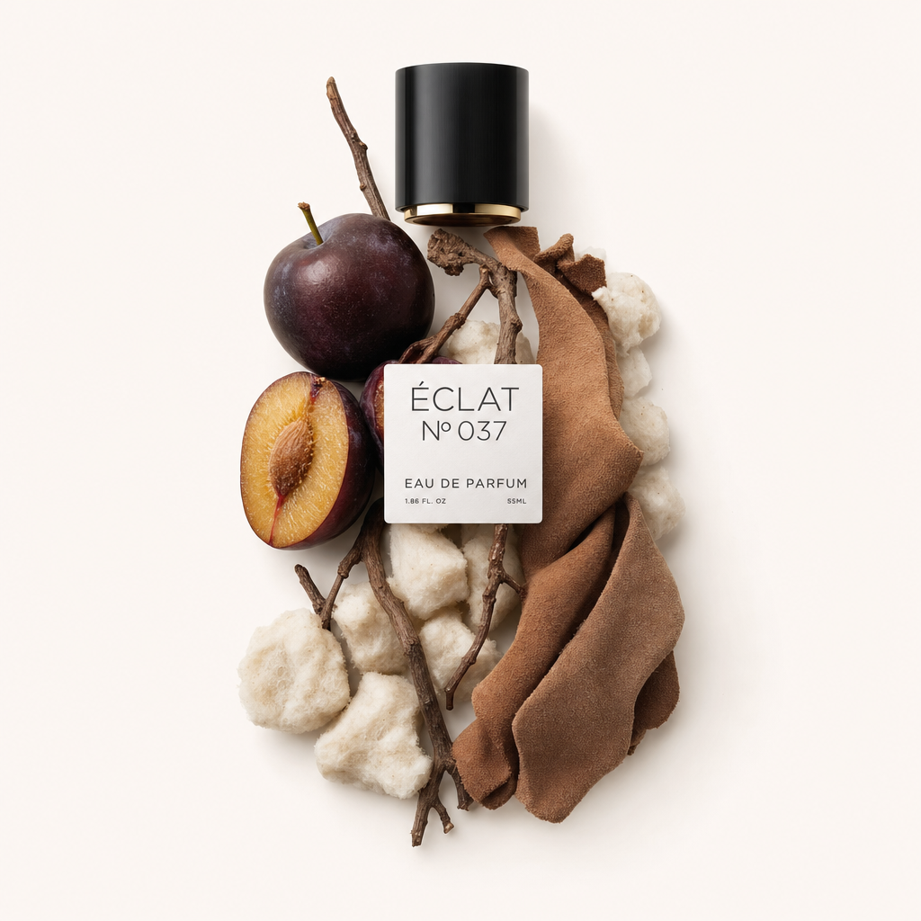 Un arrangement d'une prune entière, une demi-prune, des branches brunes, des boules de coton blanches et un tissu brun doux entoure un capuchon noir avec une étiquette pour ÉCLAT Musky Plum.