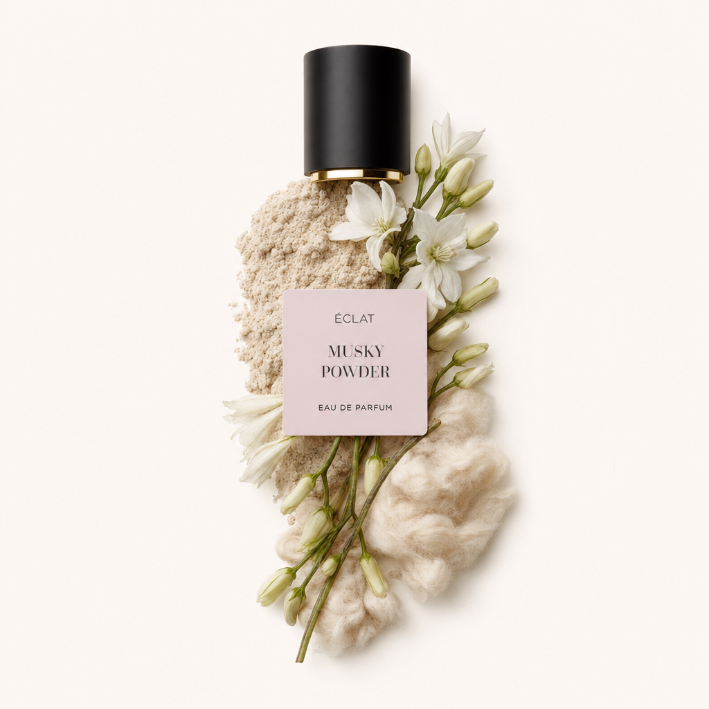Un arrangement de fleurs blanches et de poudre beige douce, accompagné d'un matériau duveteux blanc cassé, entoure le capuchon ÉCLAT Musky Powder avec une étiquette.