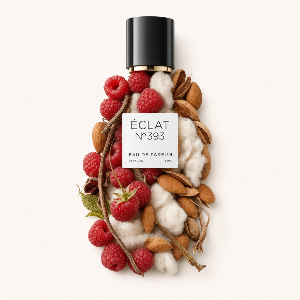 An arrangement of raspberries, almonds, cotton, and twigs surrounds the original black cap with a label for ÉCLAT Musky Raspberry.