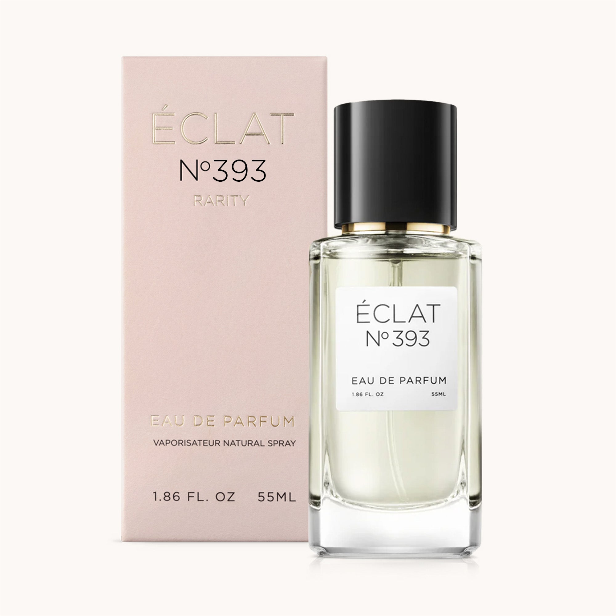 Faceted glass bottle of ÉCLAT Musky Raspberry with a black cap, alongside a pink box with gold accents.
