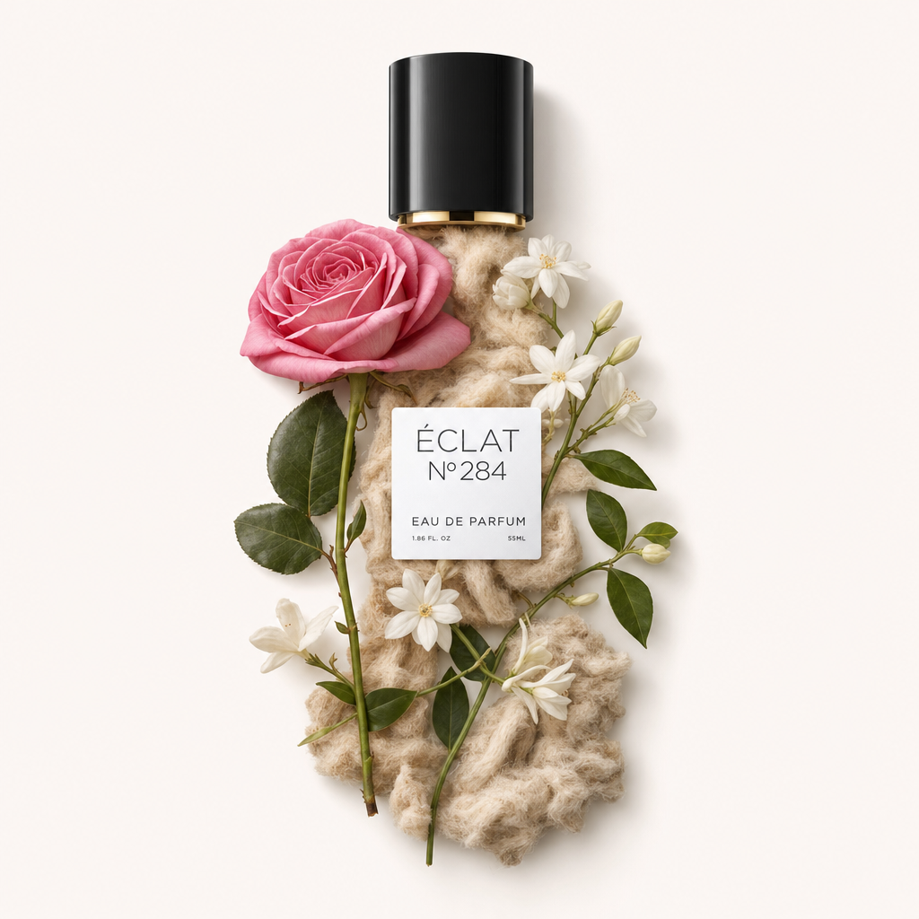 Une composition de rose rose, de fleurs de jasmin blanches et de feuilles vertes autour d'un matériau beige texturé, surmontée d'un capuchon noir avec une étiquette ÉCLAT Musky Rose.