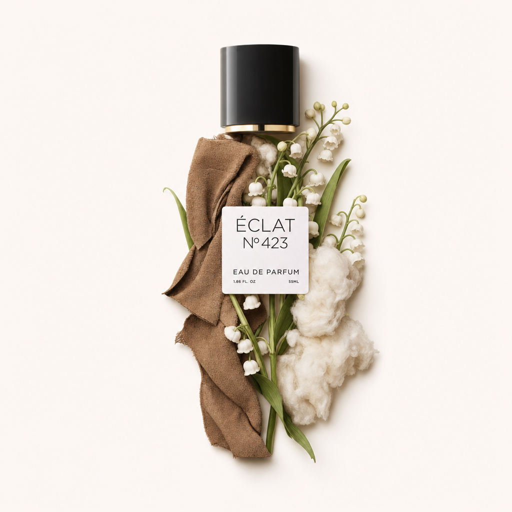 An arrangement of suede fabric, lily of the valley flowers, and soft wool surrounds the original black cap with an ÉCLAT label.