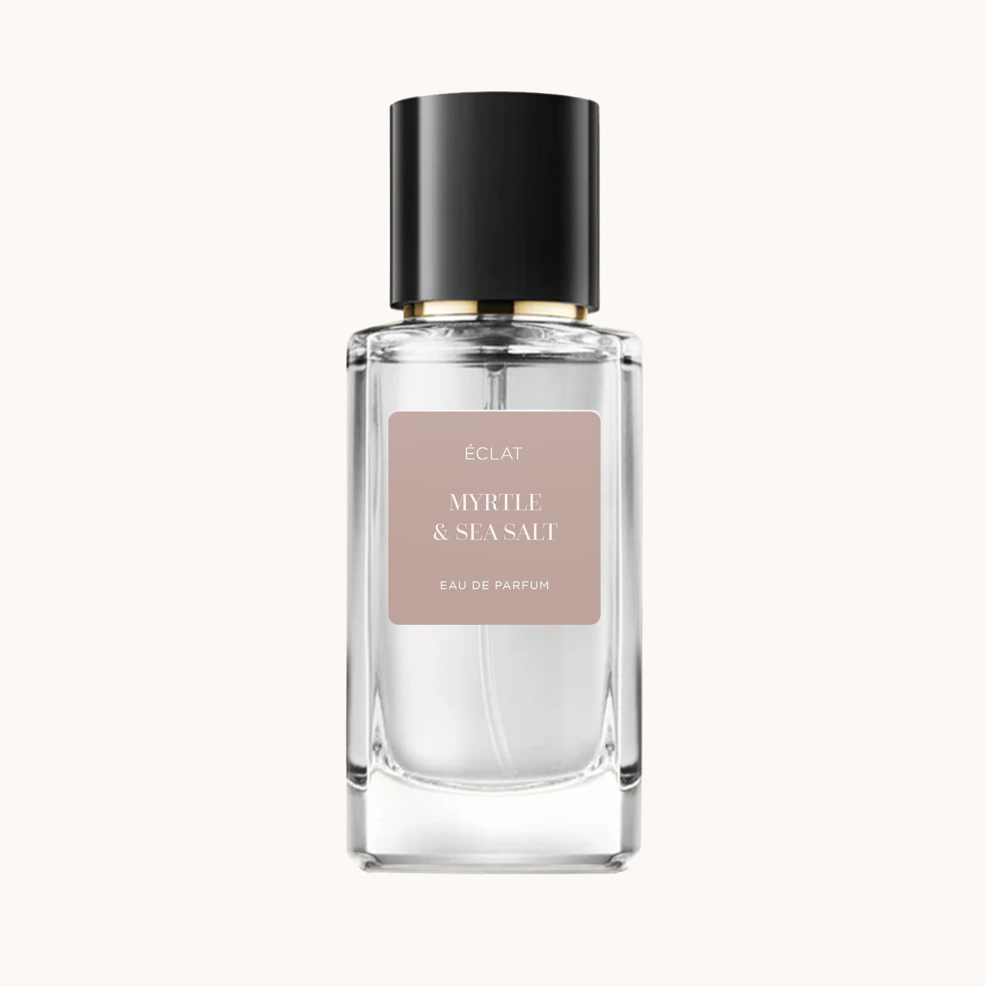Flacon en verre facetté de ÉCLAT Myrtle & Sea Salt avec un bouchon noir et une étiquette beige douce.