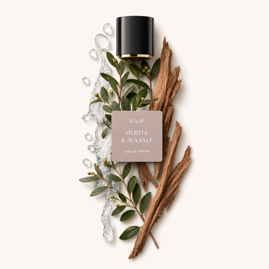 Un arrangement de branches de myrte avec des baies, du sel marin coulant et des morceaux de bois à côté d'un capuchon noir avec une étiquette pour ÉCLAT Myrtle & Sea Salt.