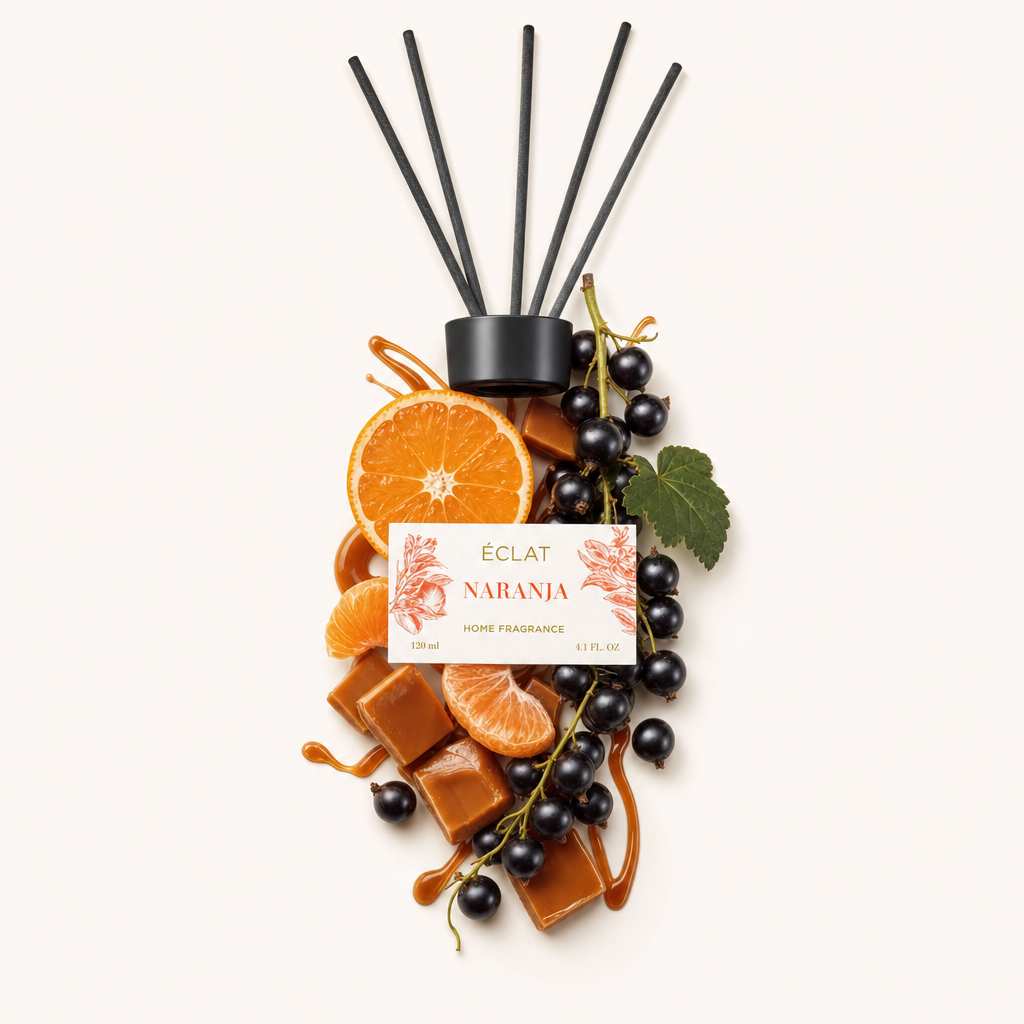 Een arrangement van sinaasappelschijfjes, karamelstukjes, zwarte bessen en een groen blad omringt een zwarte dop met het etiket 'ÉCLAT Naranja'.