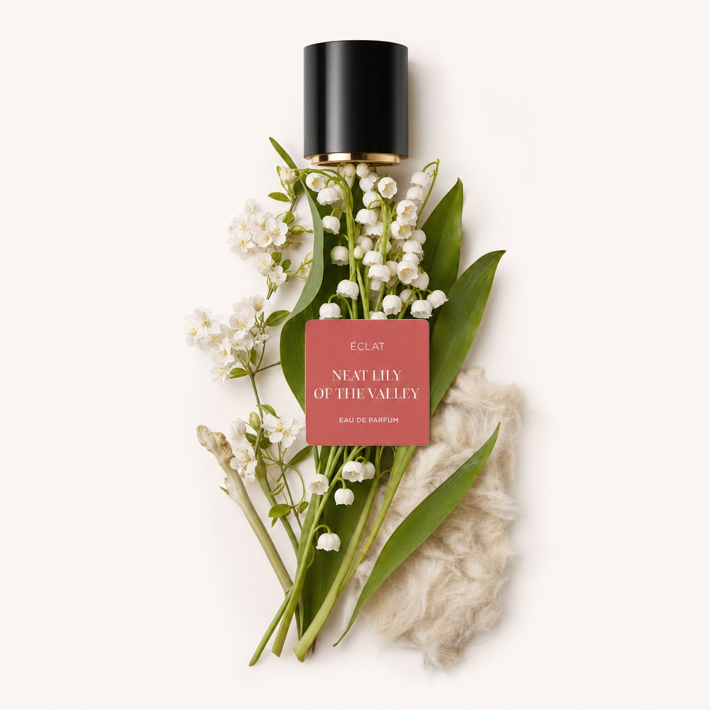 Un arrangement de muguet et de feuilles avec un bouchon noir portant l'étiquette ÉCLAT Neat Lily of the Valley, posé sur un fond à texture douce.