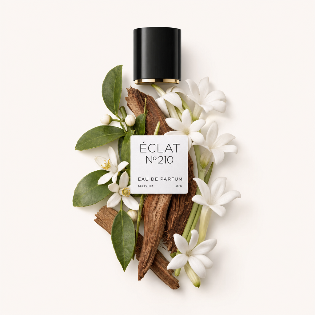 Un arrangement de fleurs de stéphanotis et de feuilles vertes entoure un morceau de bois, à côté d'un bouchon noir à bord doré et d'une étiquette ÉCLAT Neroli & Stephanotis.