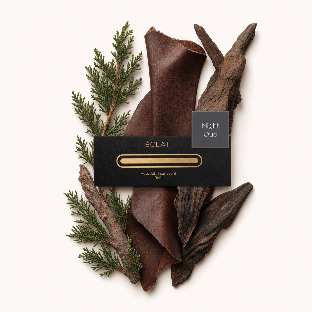 Un arrangement de branches de cèdre, de bande de cuir et de bois d'oud avec un bouchon noir ÉCLAT étiqueté 'Night Oud'.