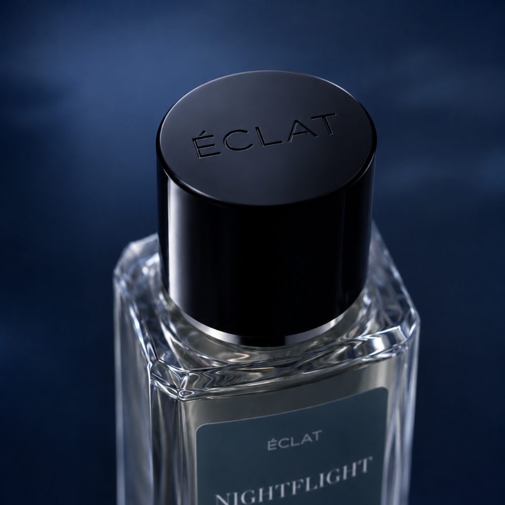 The ÉCLAT Nightflight fragrance in a faceted glass bottle with a satin-finished, dark cap is displayed against a blue background.
