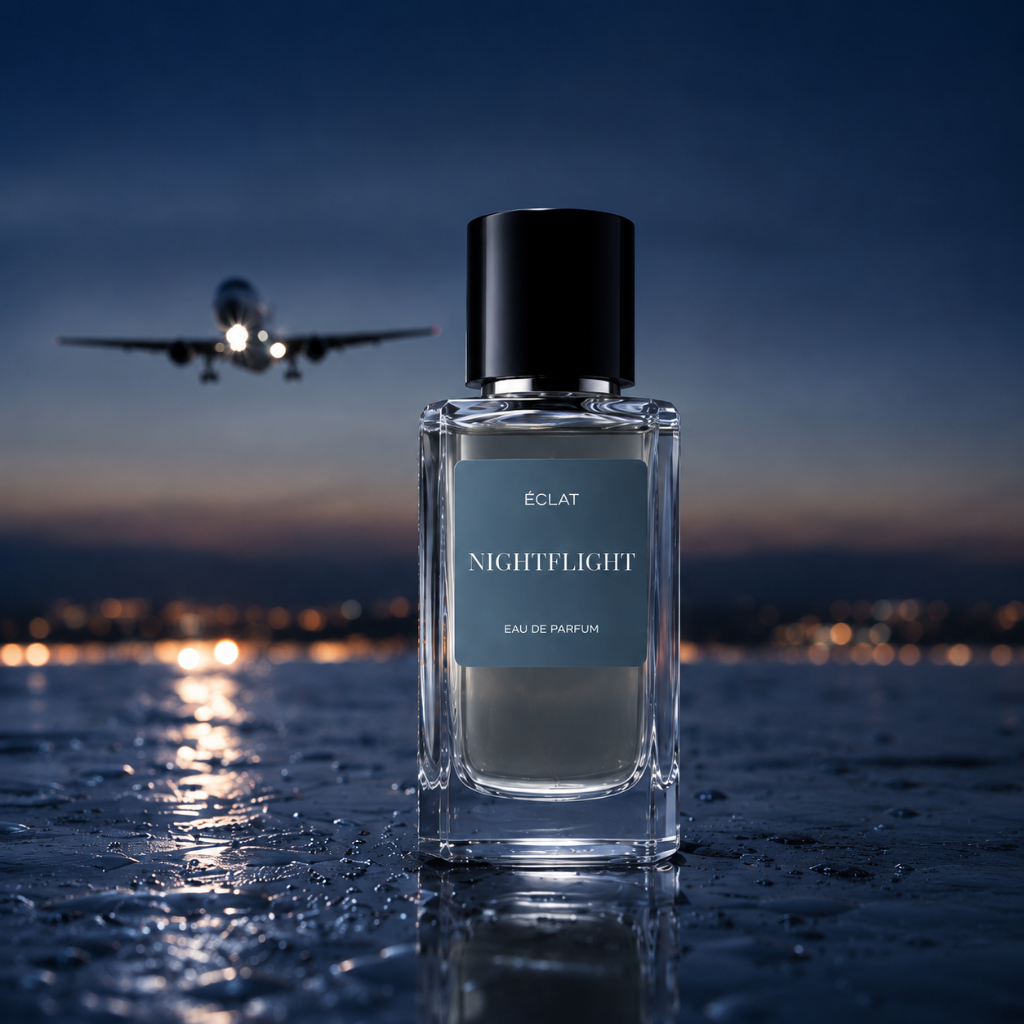 ÉCLAT NIGHTFLIGHT Eau de Parfum in a faceted glass flacon with a black cap, set against a dramatic night sky with an airplane.