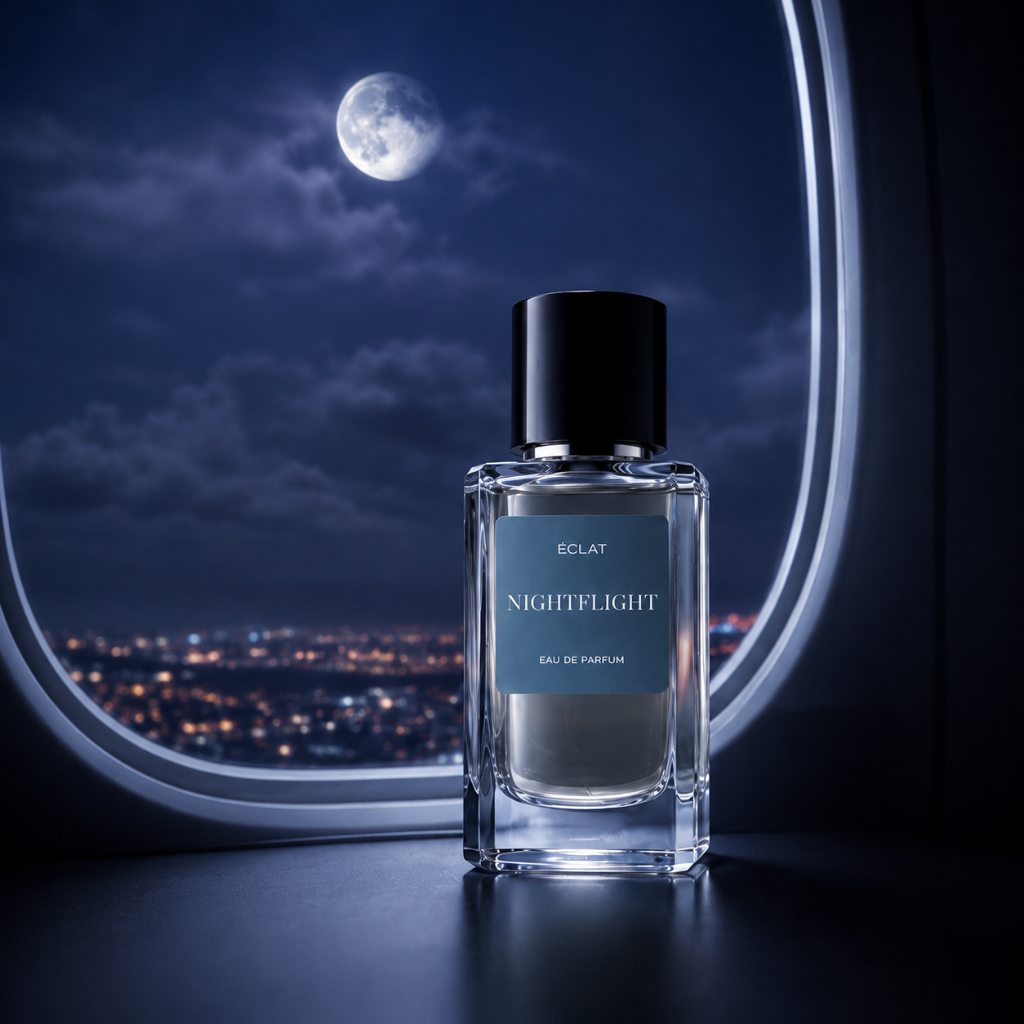 Faceted glass flacon of ÉCLAT Nightflight with black cap set against an airplane window showing a city skyline and moonlit sky.