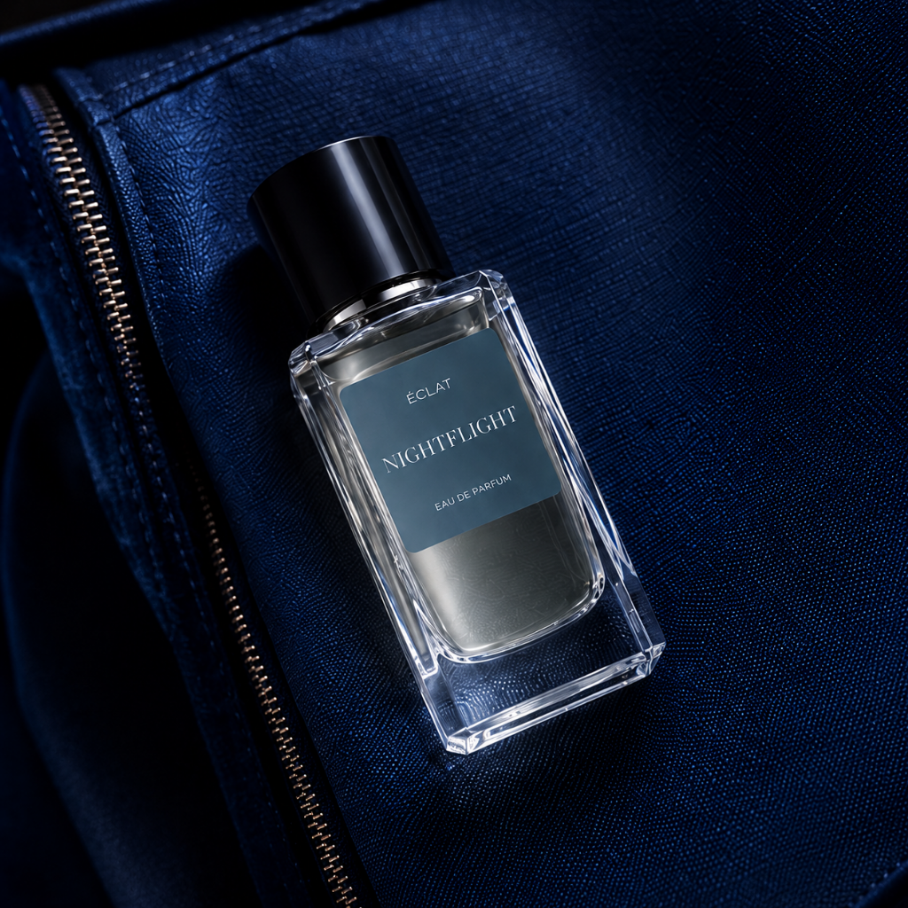 A clear glass flacon with blue label and dark cap, featuring ÉCLAT Nightflight, rests on textured blue fabric.