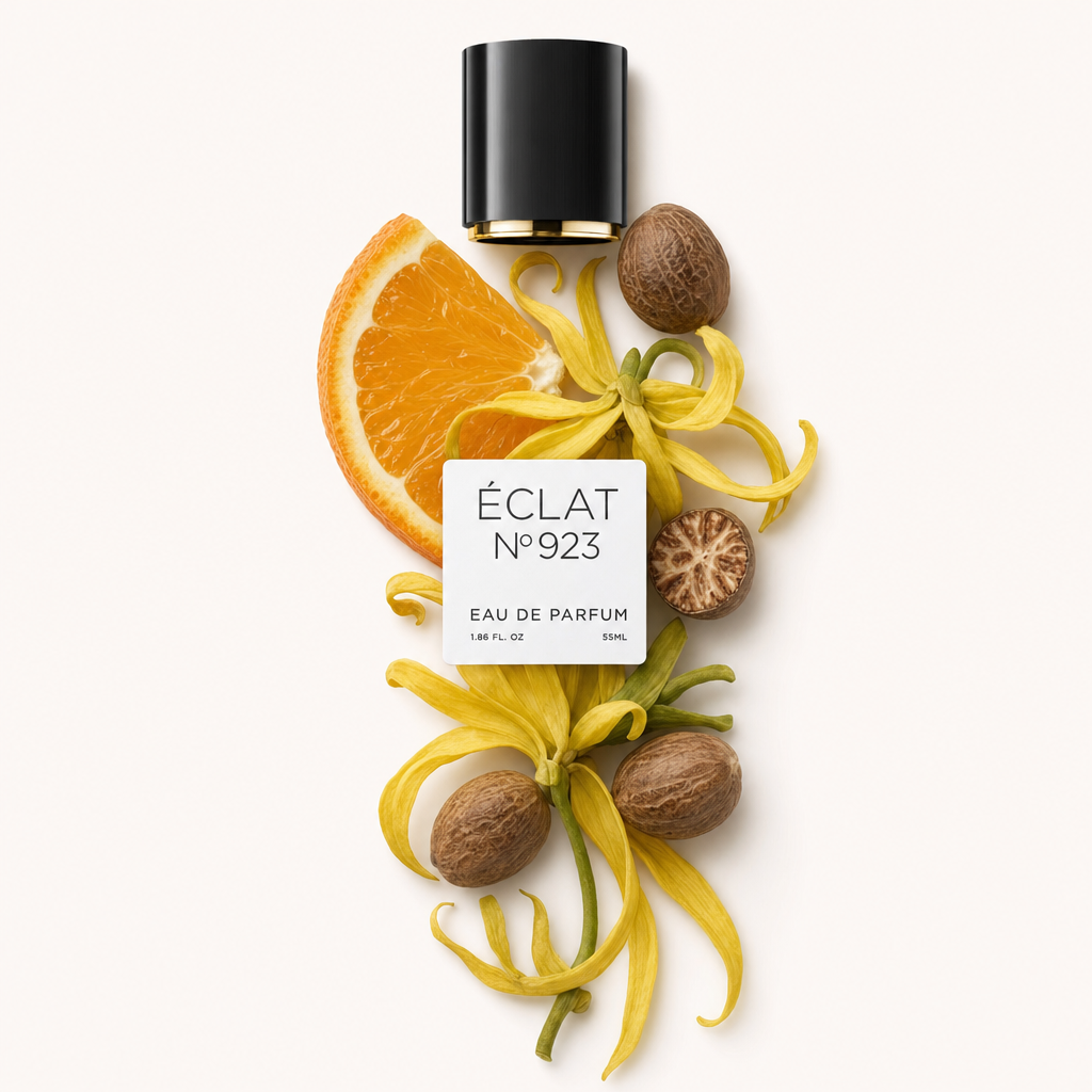 Szerecsendió, ylang-ylang virágok és egy narancsszelet veszik körül az ÉCLAT címkét és egy fekete kupakot aranygyűrűvel.