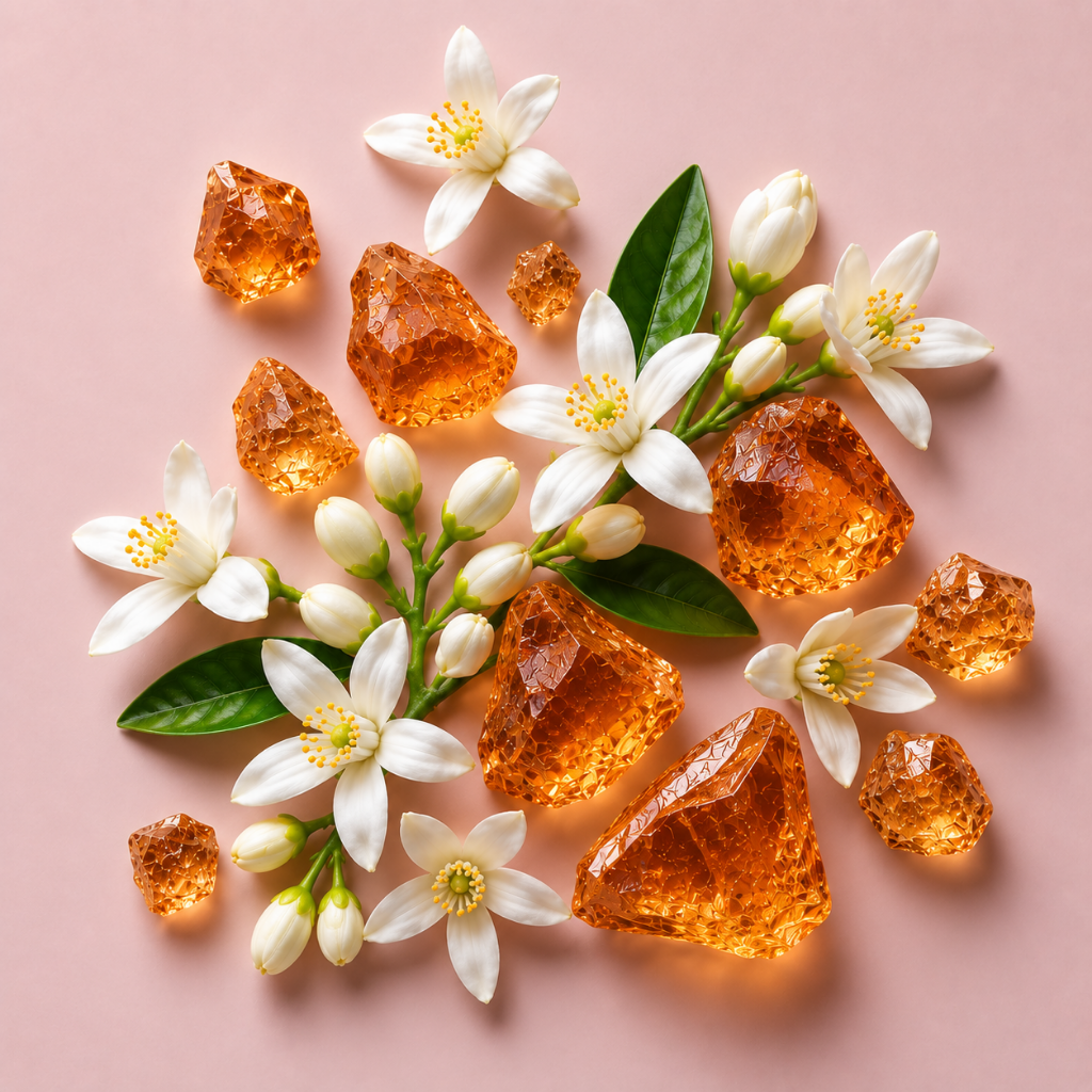 An arrangement of faceted amber-hued crystals with orange blossom flowers and green leaves on a soft pink background, representing ÉCLAT Orange Blossom & Ambroxide.