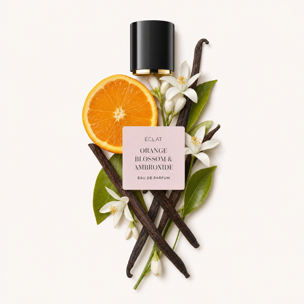 Un arrangement harmonieux de gousses de vanille, de tranches d'orange et de fleurs d'oranger avec des feuilles vertes luxuriantes sous un capuchon noir marqué du label ÉCLAT Orange Blossom & Ambroxide.