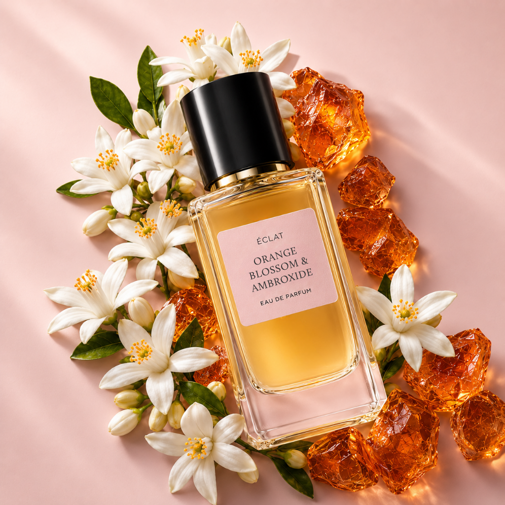 A faceted glass bottle of ÉCLAT Orange Blossom & Ambroxide perfume with a black cap, surrounded by white orange blossoms and amber crystals.